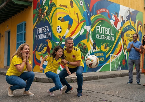 Aficionados frente a mural de fútbol